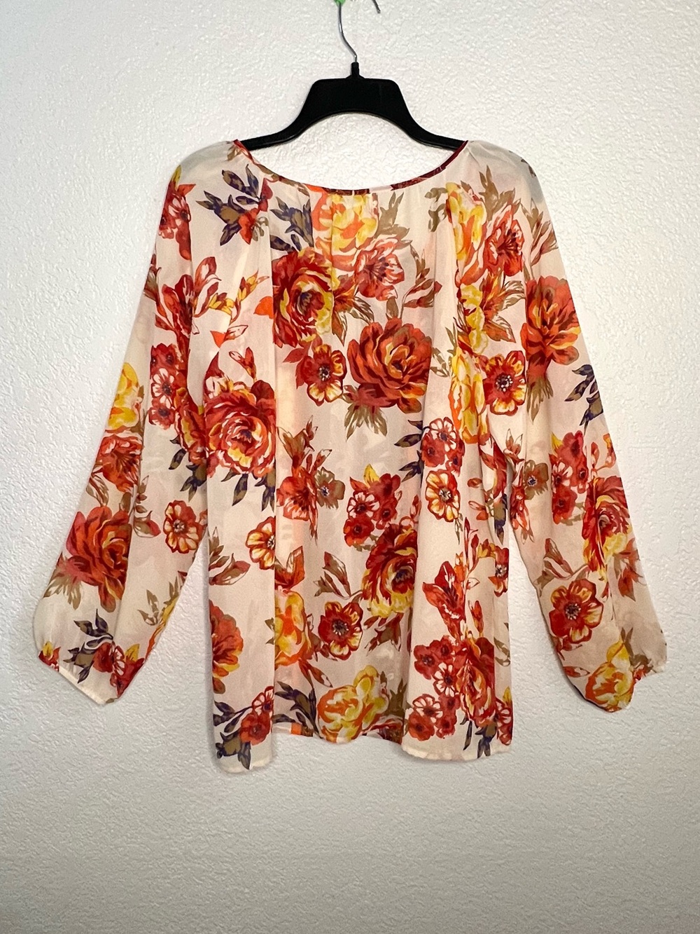 Charter Club Floral Peasant Blouse Boho Orange Beige Tie Neck Sheer Sleeve Top L - Picture 3 of 10